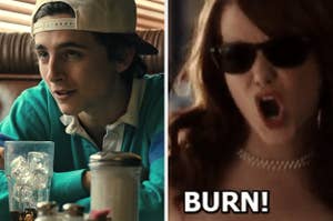 Timothée Chalamet in Hot Summer Nights, and Emma Stone in Easy A yelling "Ooh burn!"
