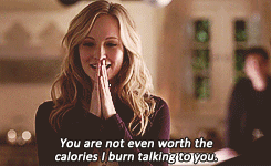 Caroline telling Klaus &quot;You&#x27;re not even worth the calories I burn talking to you&quot;