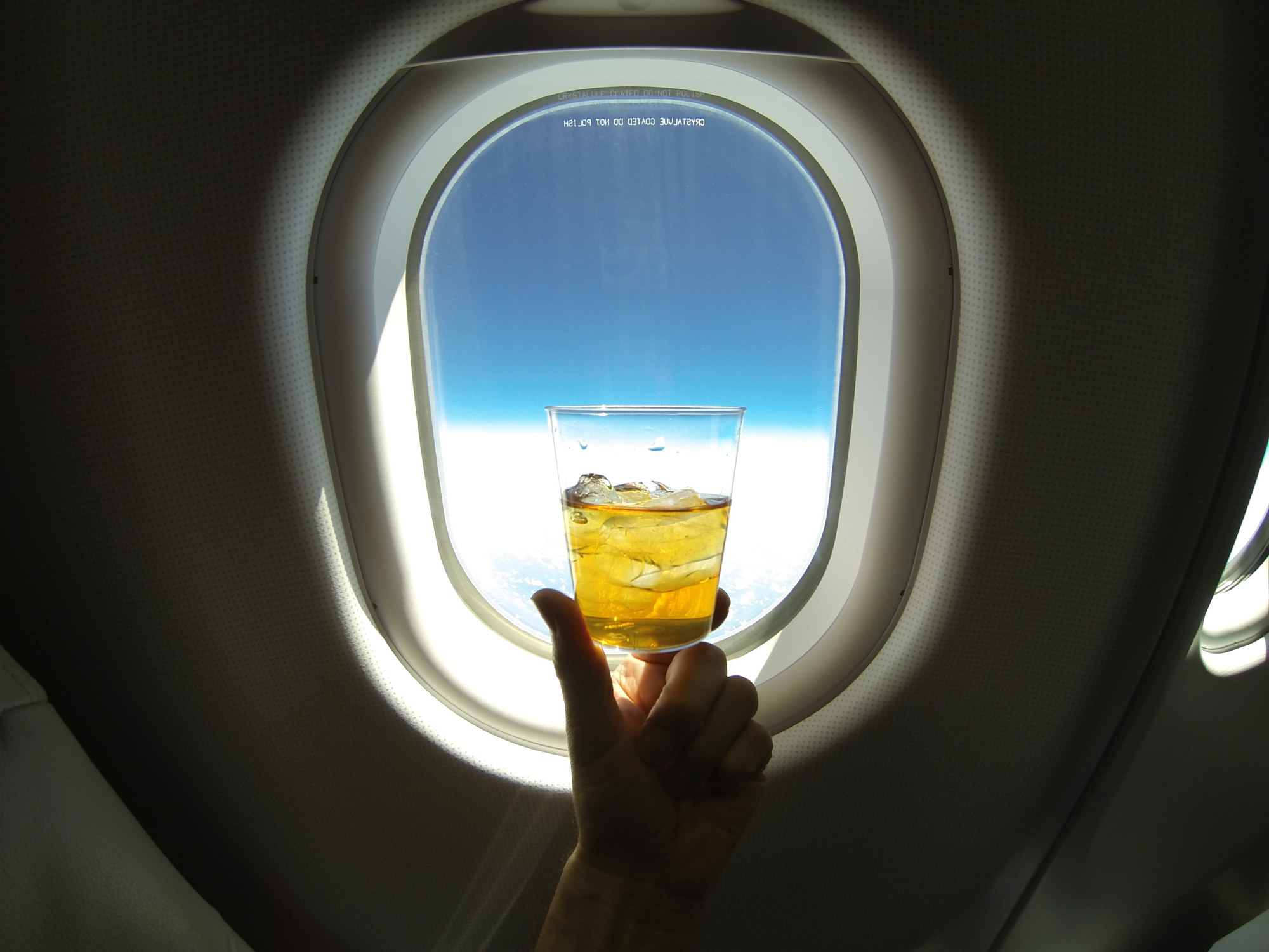 cocktail being held up by in front of an airplane window