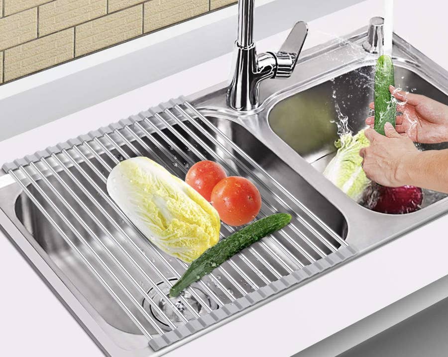 Reanea Gold Roll Up Dish Drying Rack Over The Sink, Kitchen Rolling Dish Drainer, Foldable Sink Rack Mat for Kitchen Sink Counter