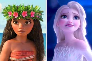 Moana in a flower crown and Elsa with her hair down 