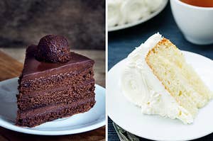 On the left, a slice of chocolate cake with chocolate frosting, and on the right, a slice of vanilla cake with vanilla frosting