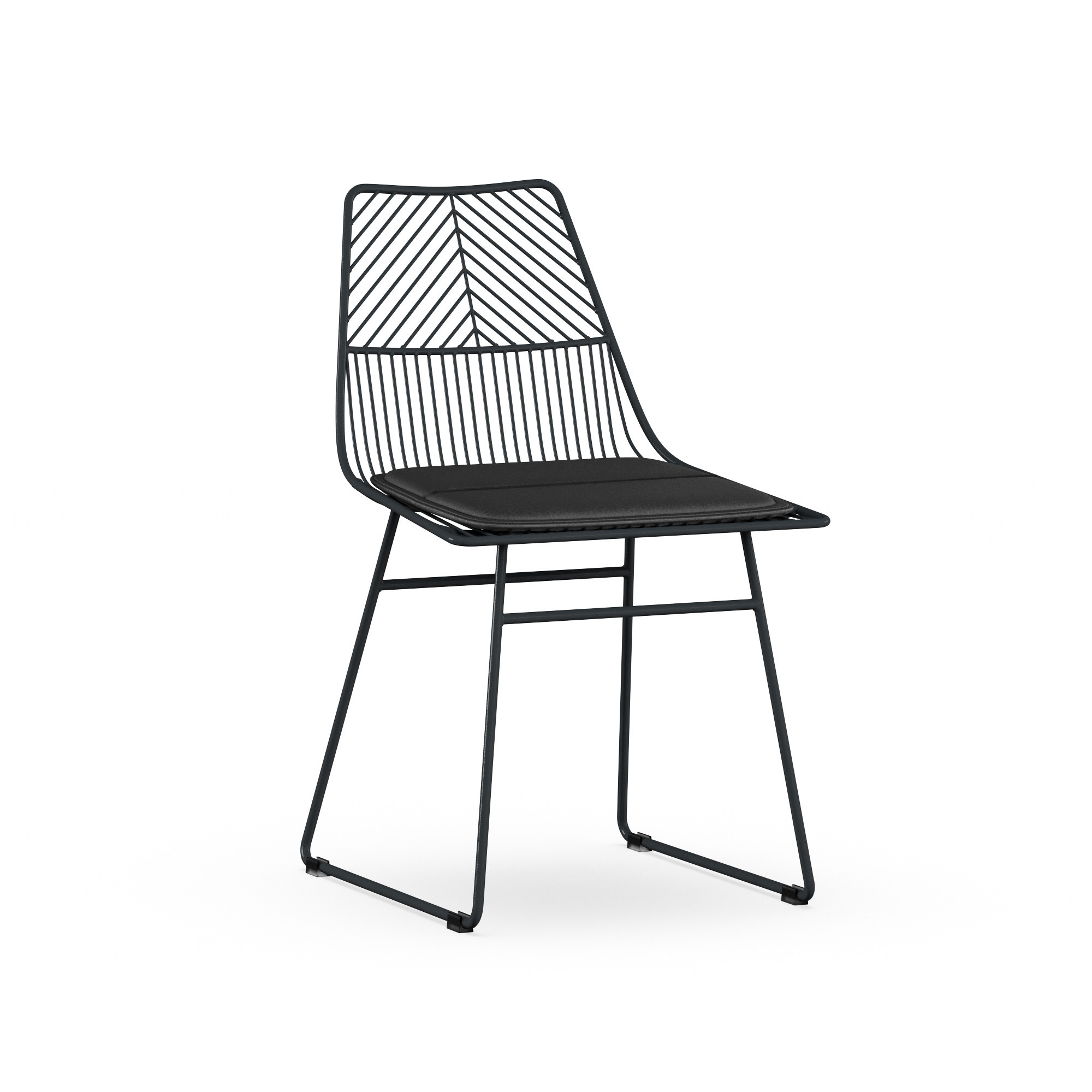 a black chair with a wired backing and thin metal legs