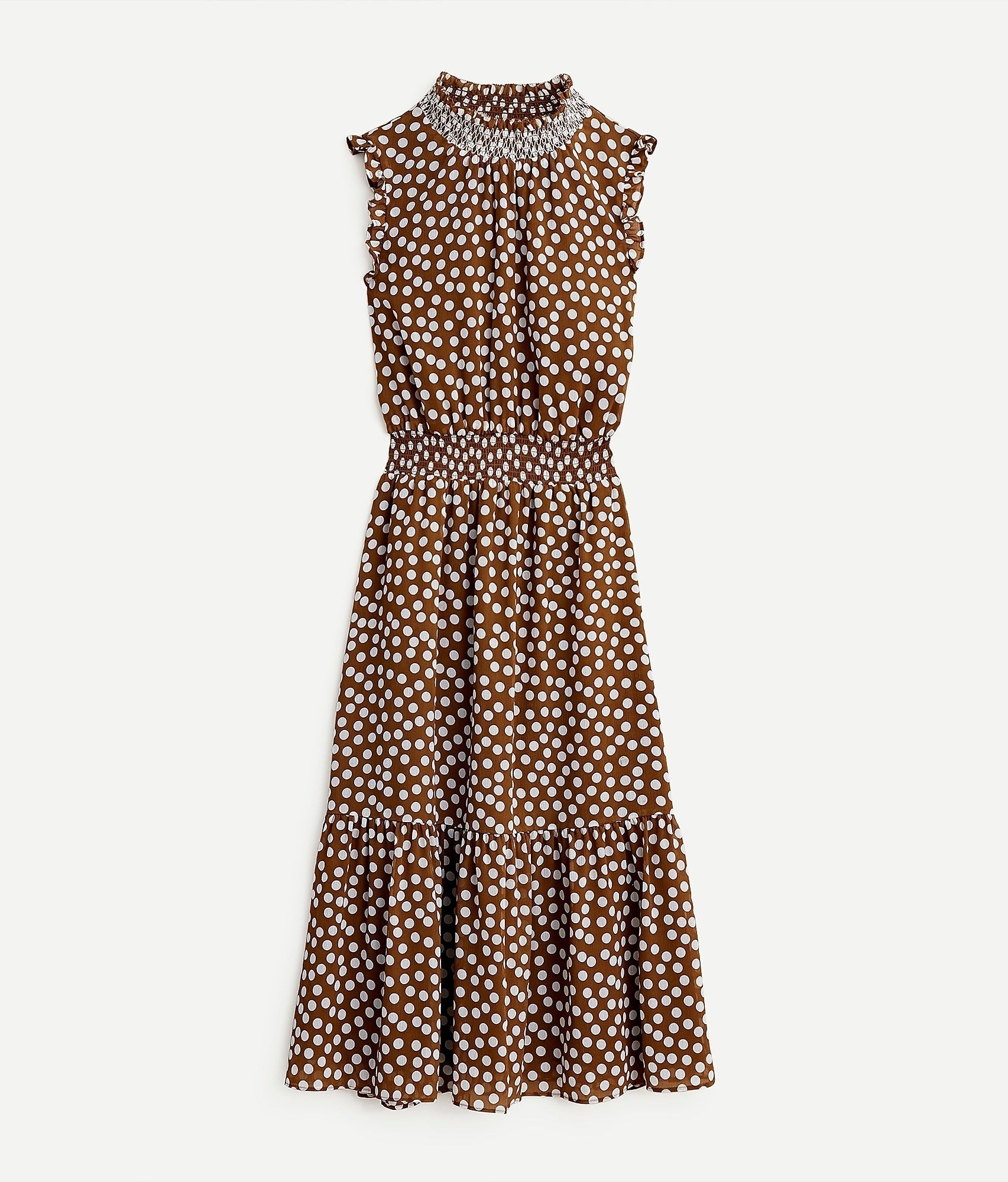 brown and tan polka dot sleeveless midi dress with high neck