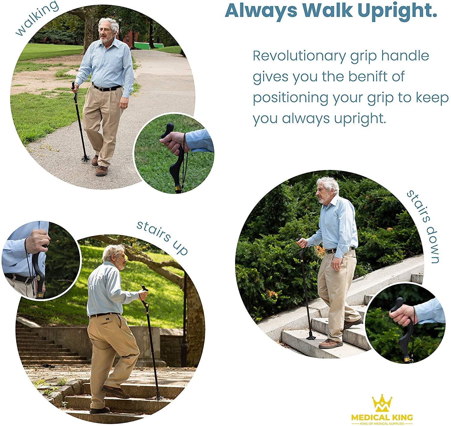 pics of older person walking up and down stairs, and on a flat sidewalk using the different parts of the top of the cane for support