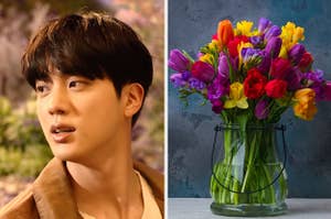 A picture of BTS's Jin next to a photo of a beautiful bouquet of flowers