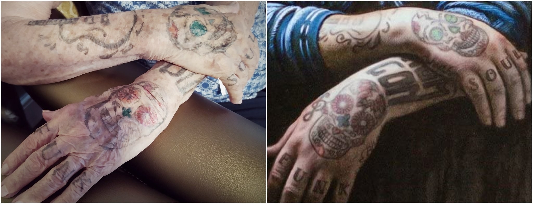 An elderly woman with tattoos recreating Rag&#x27;n&#x27;Bone Man&#x27;s tattoos