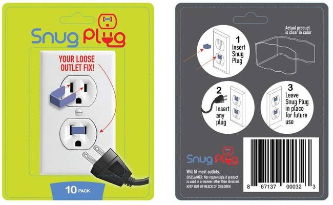 The Snug Plug, which looks like a staple that you insert into your outlet to make the holes smaller