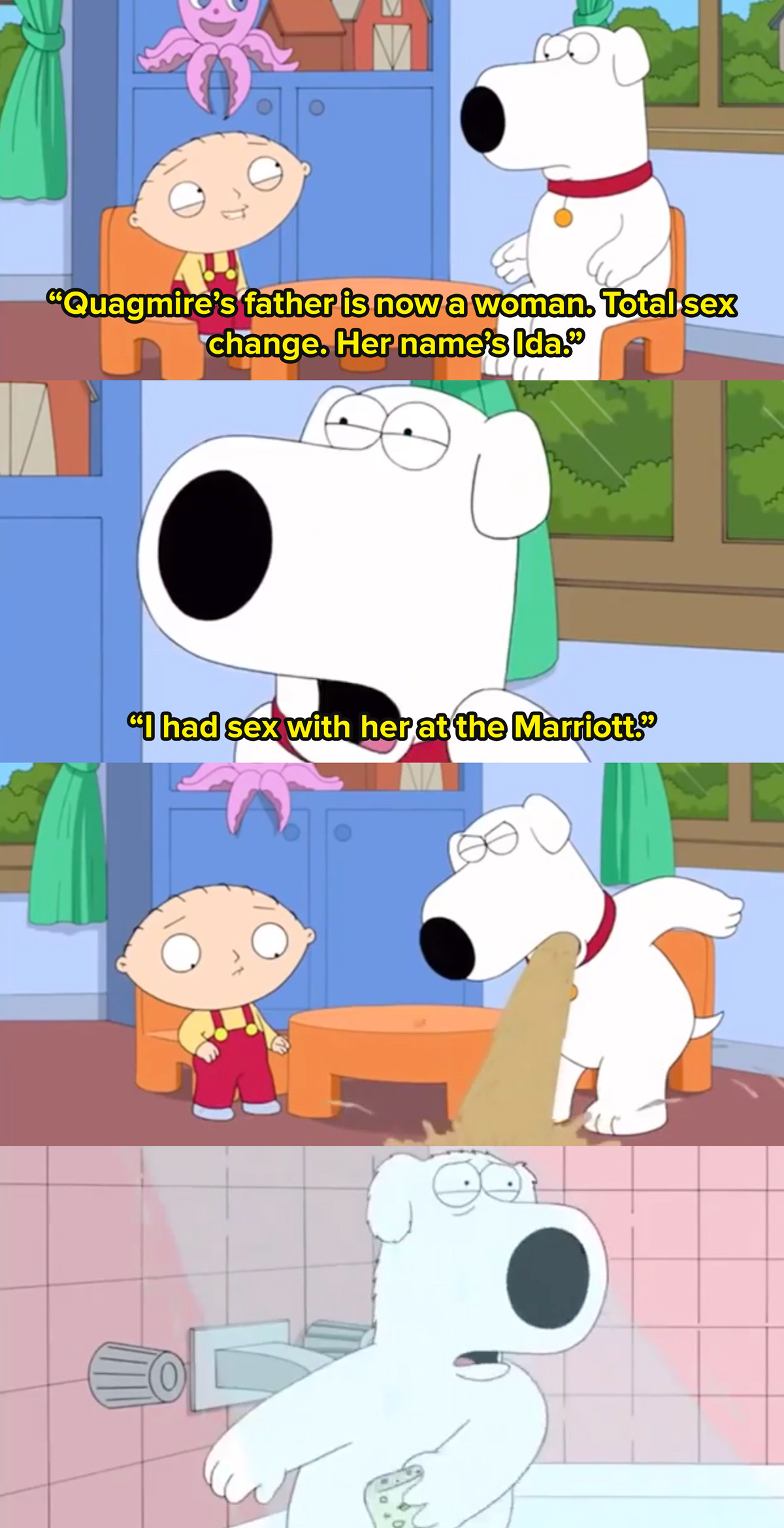 Brian from Family Guy sits with Stewie in his bedroom as Stewie tells him Quagmire&#x27;s father is now a woman, his name is Ida. Brian then realises with horror that he has had sex with her and then is sick. In the final photo takes a shower in disgust