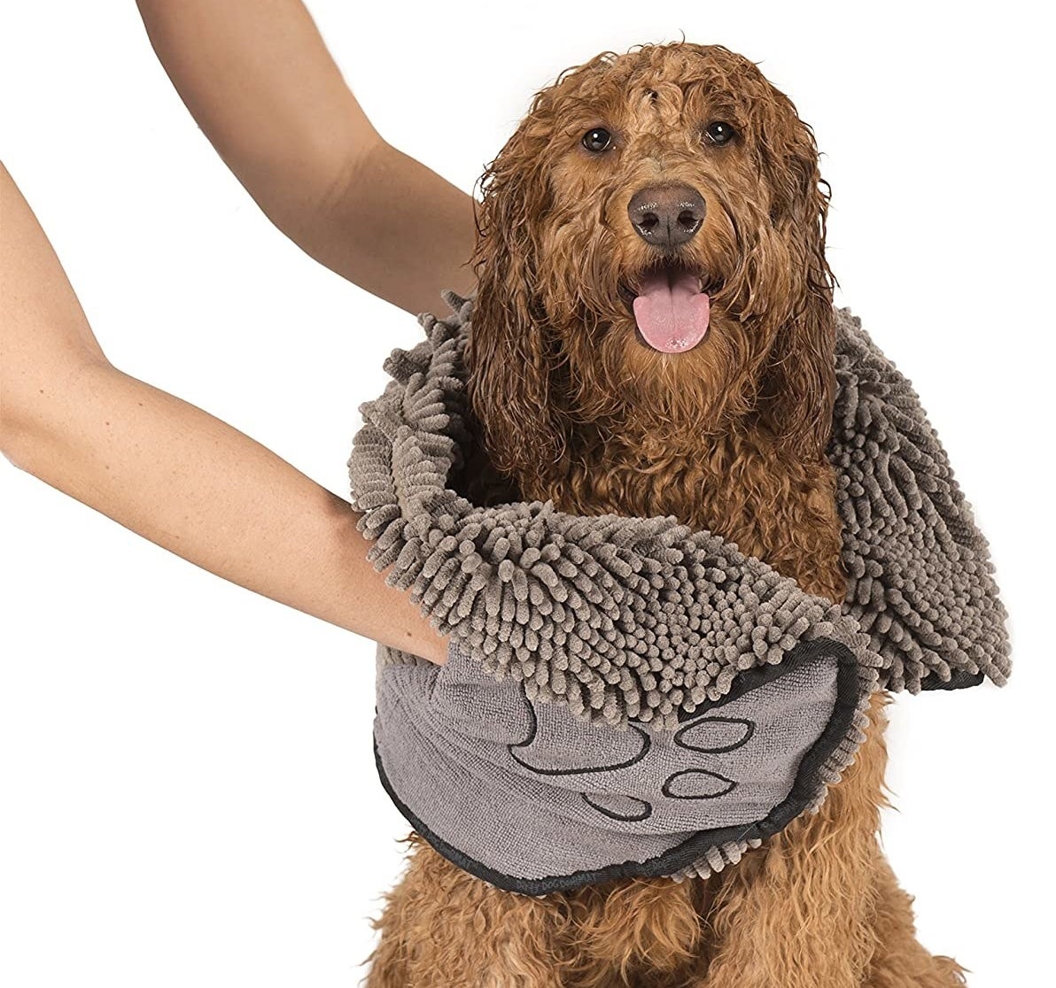 Model&#x27;s hands using the shaggy towel to dry off a dog 