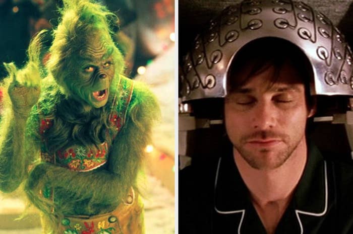 Jim Carey pointing his finger dramatically in &quot;The Grinch&quot; next to an image of his character form &quot;Eternal Sunshine of the Spotless Mind&quot; getting his memories erased