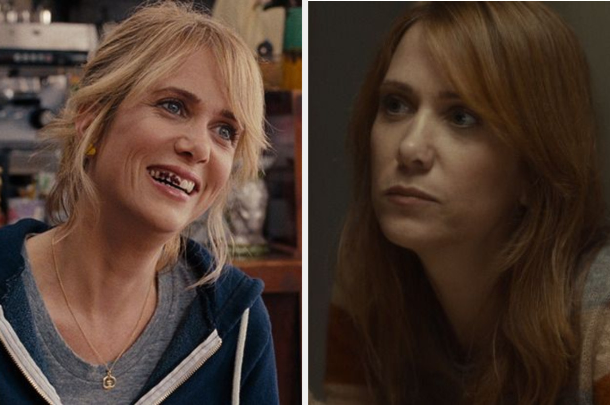 Kristen Wiig smiling humorously with stained teeth in &quot;Bridesmaids&quot; next to an image of her looking serious in &quot;Skeleton Twins&quot;