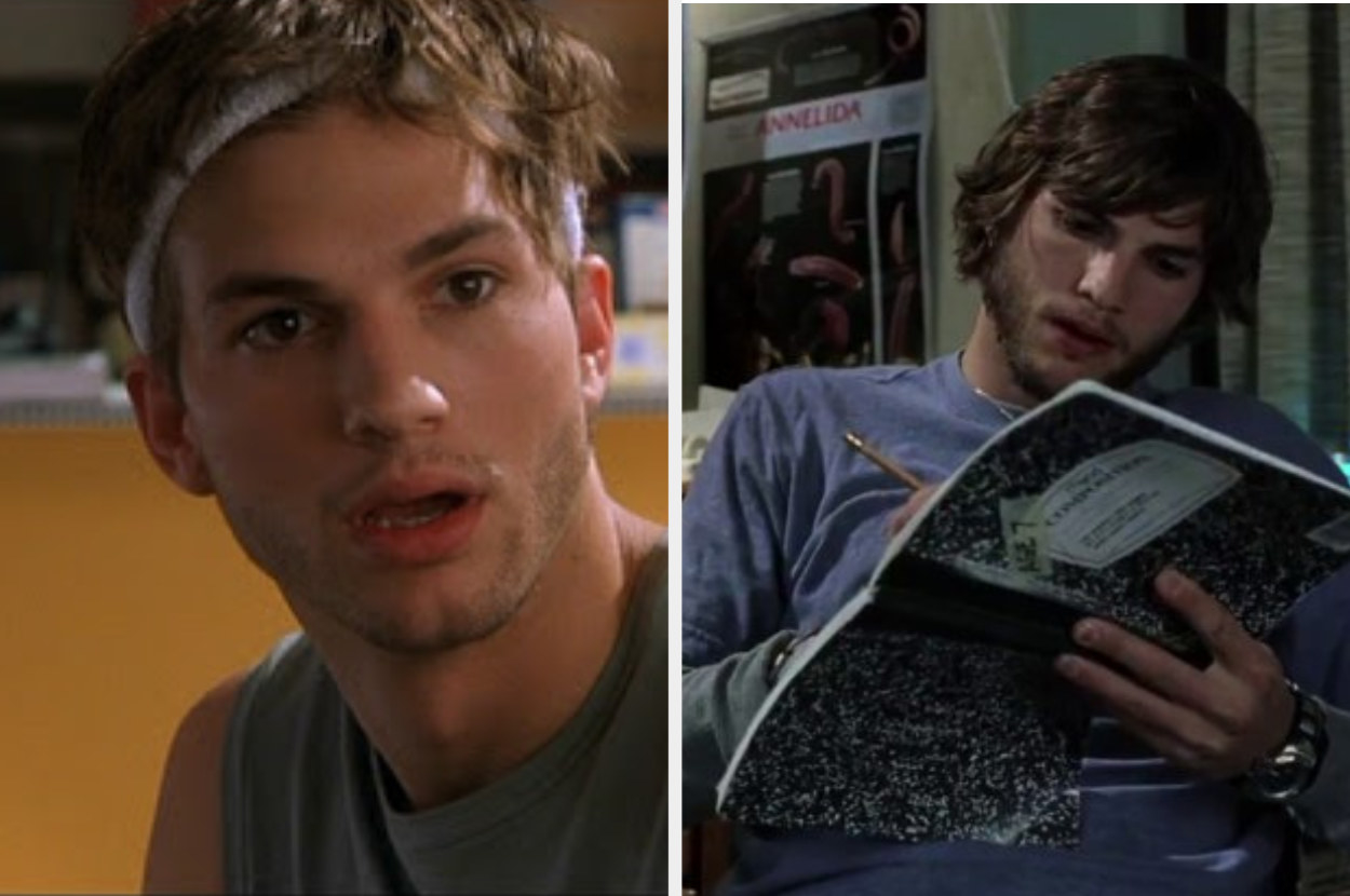 Ashton Kutcher in a headband looking bemused in &quot;Cheaper By The Dozen&quot; next to an image of him writing into a notebook in &quot;The Butterfly Effect&quot;