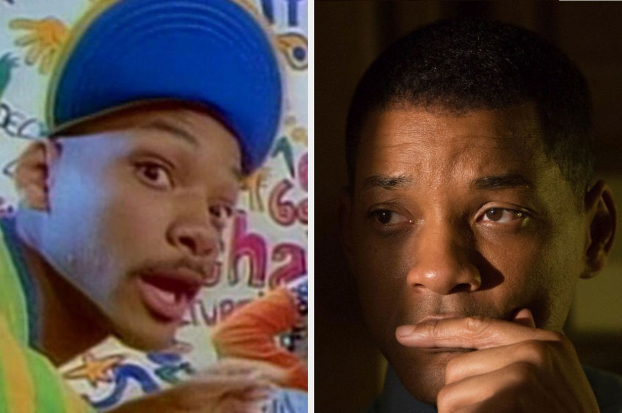 Will Smith in a cap for &quot;The Fresh Prince of Bel-Air&quot; next to an image of him looking distressed with his hand in front of his mouth for &quot;Concussion&quot;