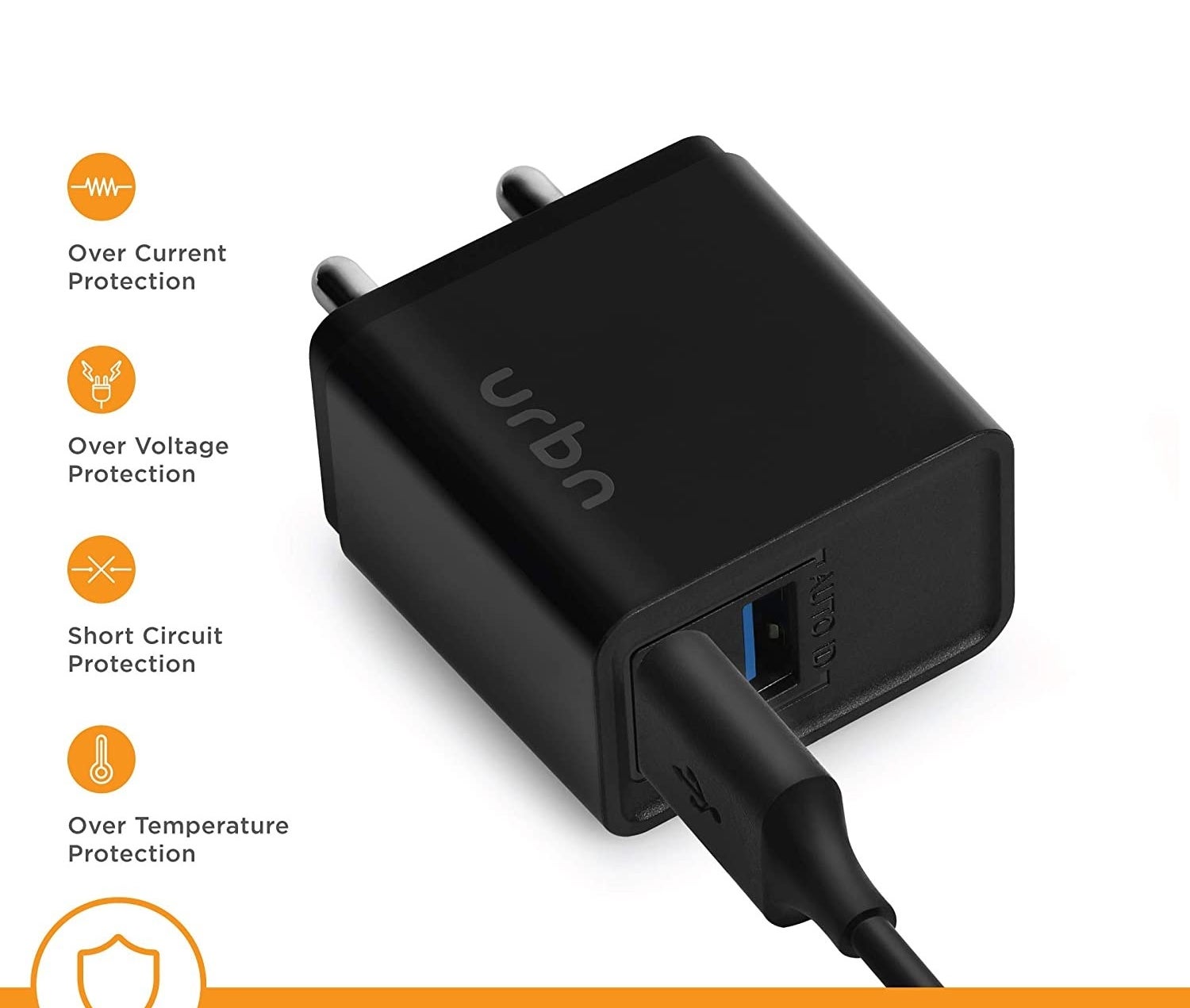 The fast charger with its features listed such as over voltage protection and over temperature protection