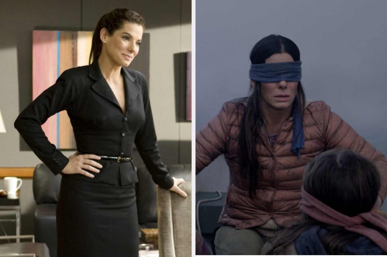 Sandra Bullock with her hand on her hips in &quot;The Proposal&quot; next to an image of her rowing a boat while blindfolded in &quot;Bird Box&quot;