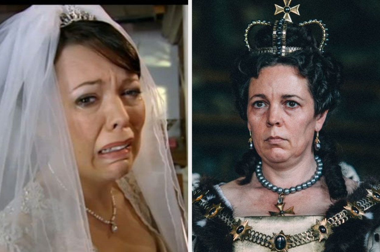 Olivia looking weepily into the camera in a wedding veil for &quot;Peep Show&quot; next to an image of her in regal attire for &quot;The Favourite&quot;