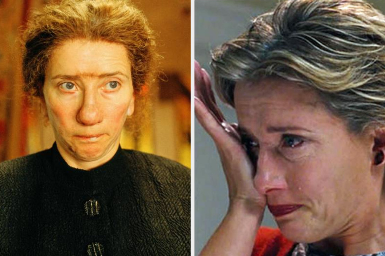 Emma with a prosthetic nose looking bemused in &quot;Nanny McPhee&quot; next to an image of her crying with her hand on her face for &quot;Love Actually&quot;