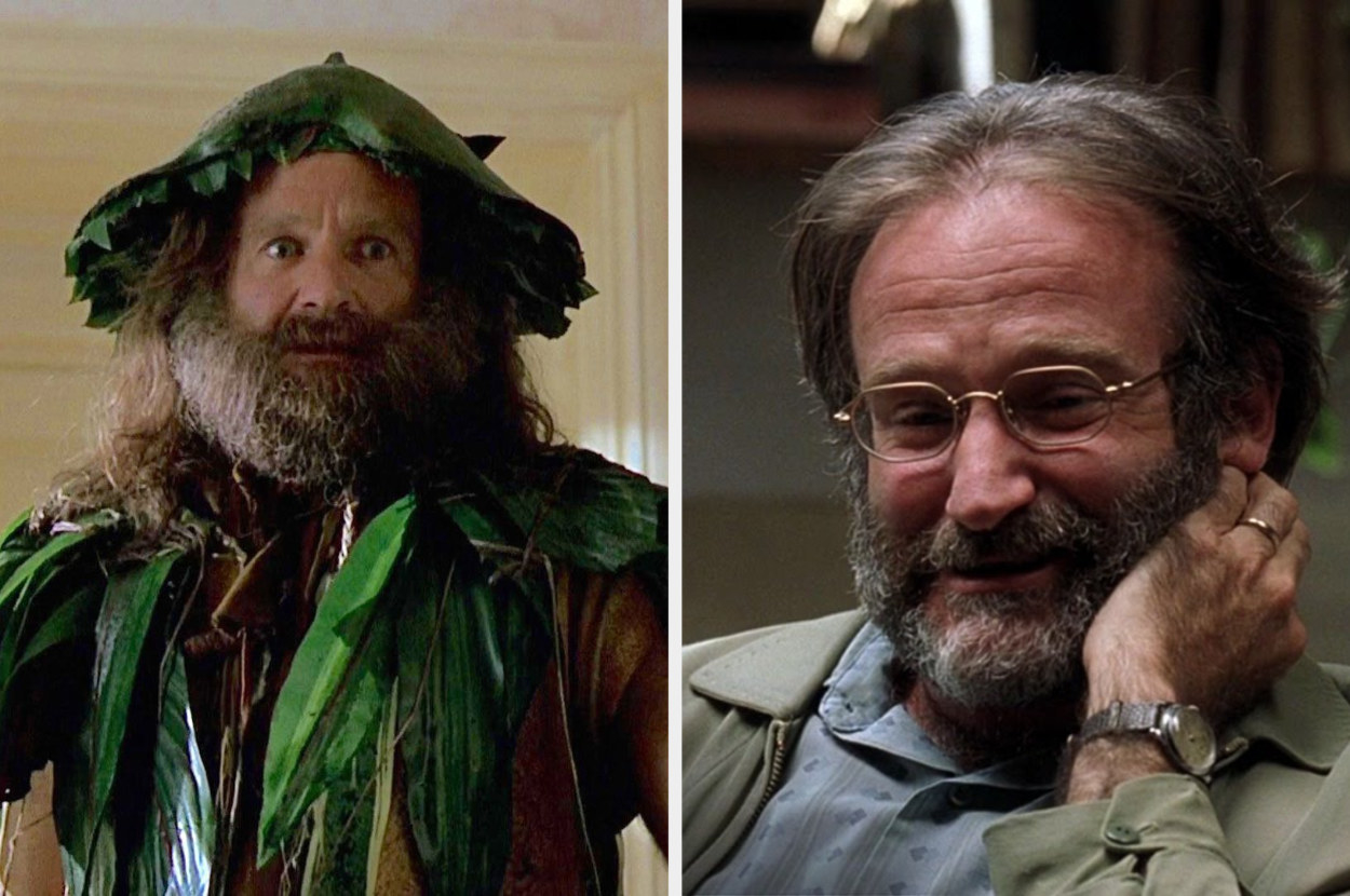 Robin Williams looking dishevelled and wearing leaves in &quot;Jumanji&quot; next to an image of him in glasses smiling in &quot;Good Will Hunting&quot;