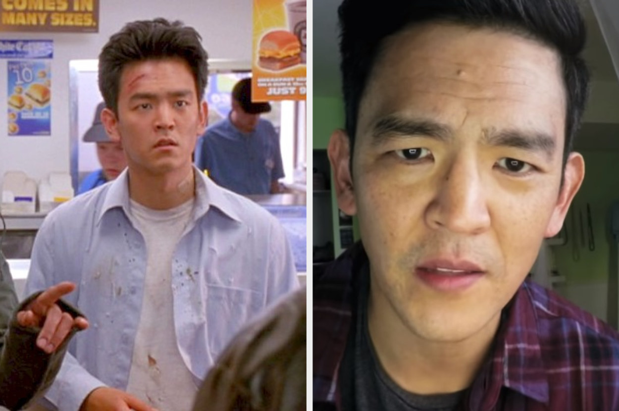 John Cho looking baffled and scuffed in a fast food outlet for &quot;Harold and Kumar&quot; next to an image of him looking concernedly into the camera for &quot;Searching&quot;