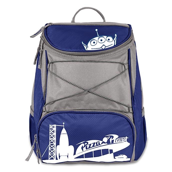 The gray, blue, and white backpack printed with the Pizza Planet building, a rocket, and an alien