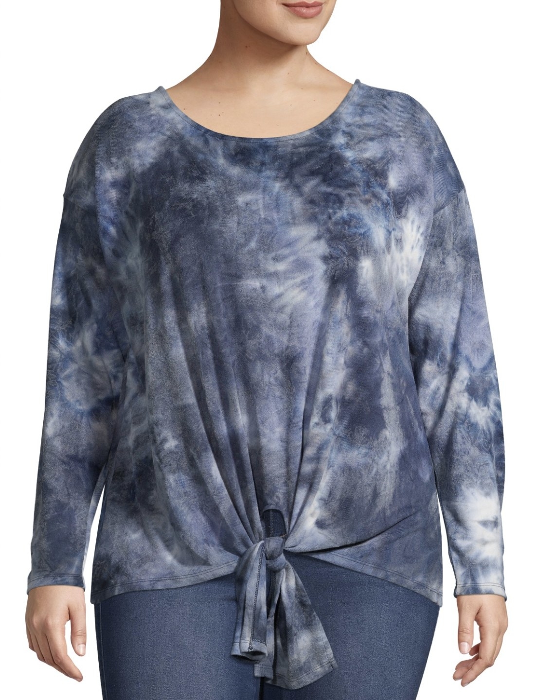 Model in the blue tie-dye long-sleeve top 