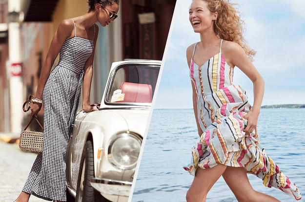 on the left model in black and white gingham jumpsuit, on the right model in striped midi dress