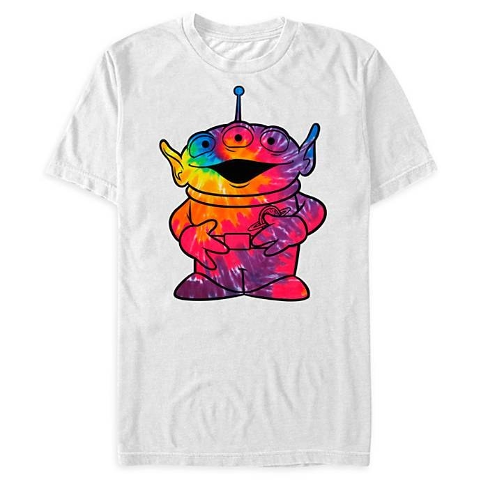 The white short-sleeve tee printed with a large rainbow tie-dye alien