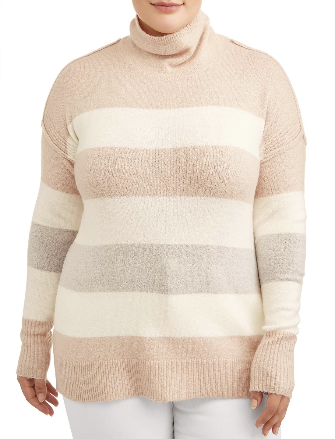 Model in the cream striped sweater