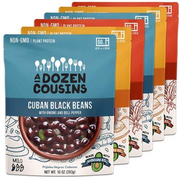 Five bags of A Dozen Cousins ready to eat seasoned beans.