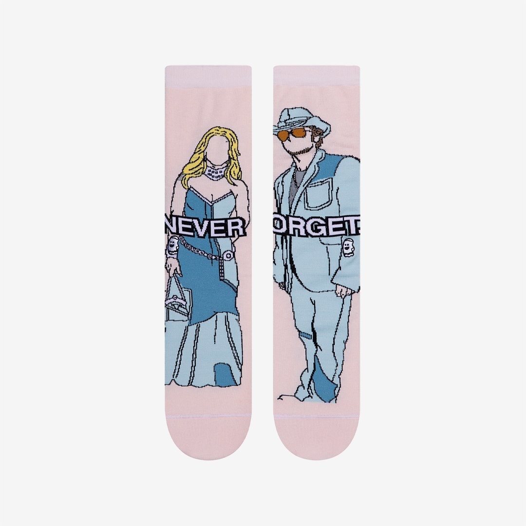 light pink socks design with &quot;Never Forget&quot; on it and cartoons of Britney Spears and Justin Timberlake wearing matching denim outfits at an awards show