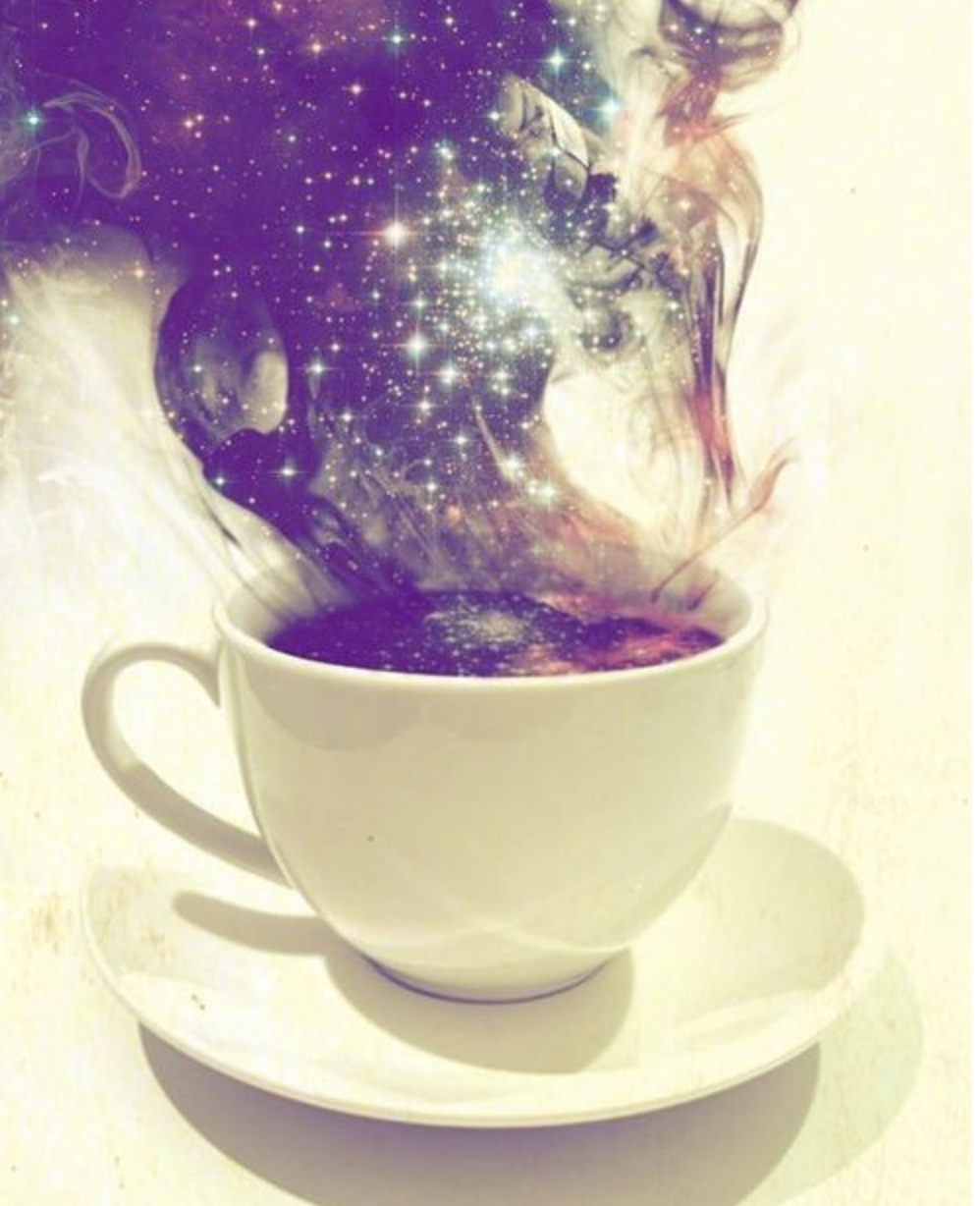 Glitter rising from a cup of coffee's steam
