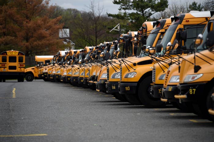 A row of parked school buses