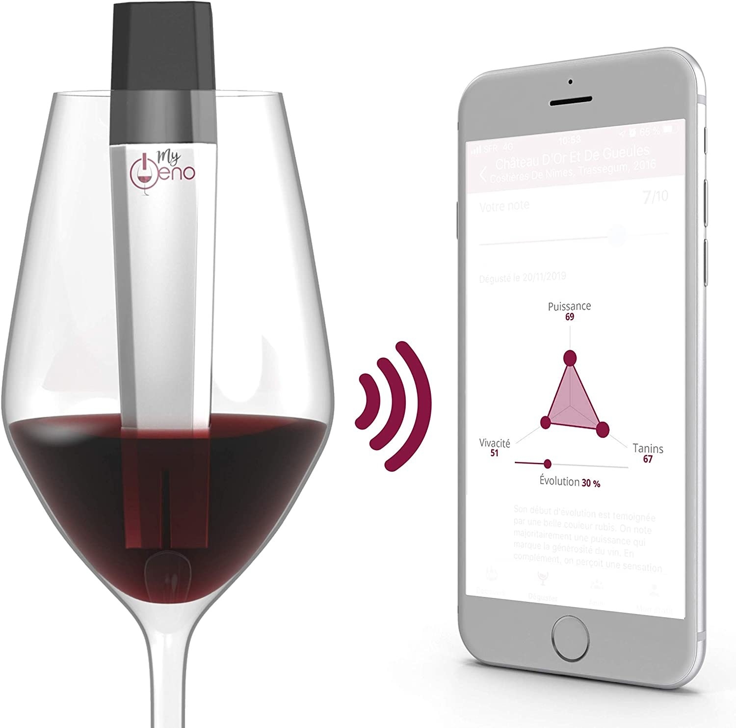 A glass of wine with a scanner in it sending information to a smartphone