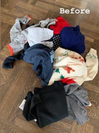 A before photo of a messy pile of BuzzFeed Editor, Maitland Quitmeyer's clothing