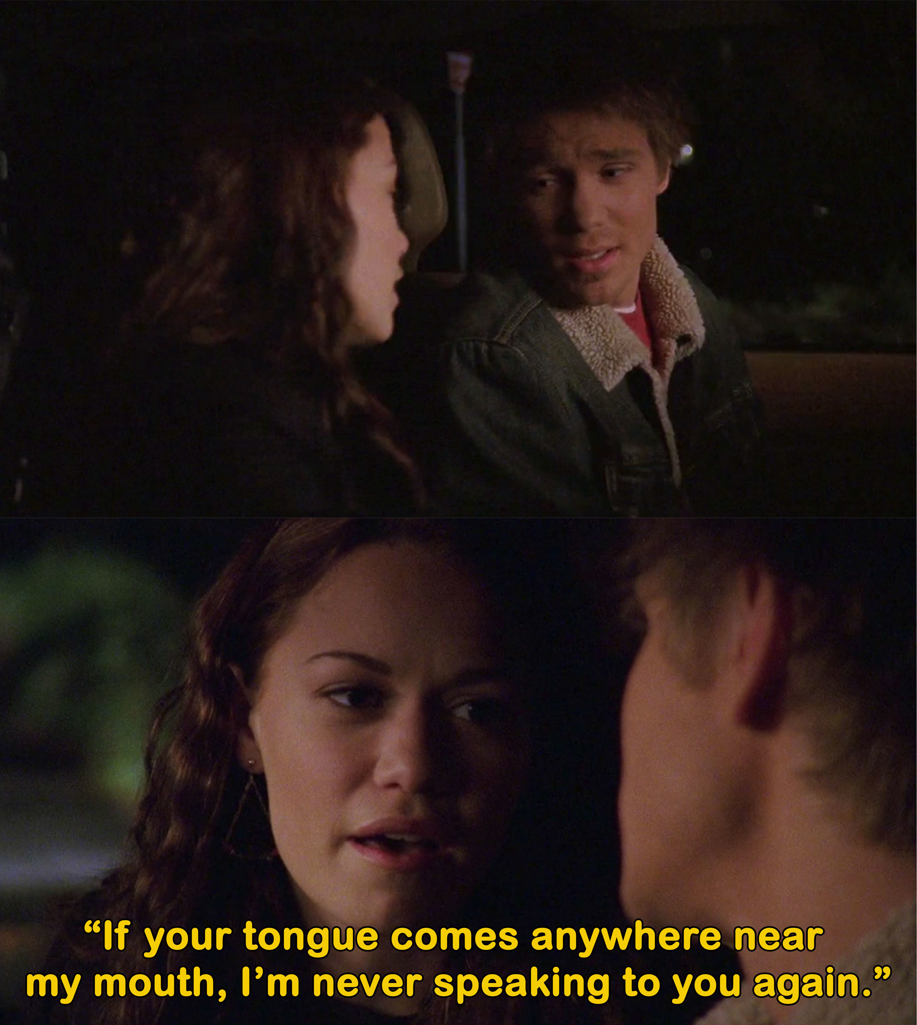 Lucas leans in to kiss Haley and she says she&#x27;ll never speak to him again if his tongue comes anywhere near her mouth