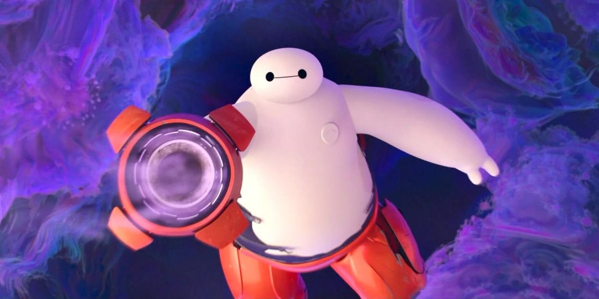 Baymax floating away from Hiro inside the portal