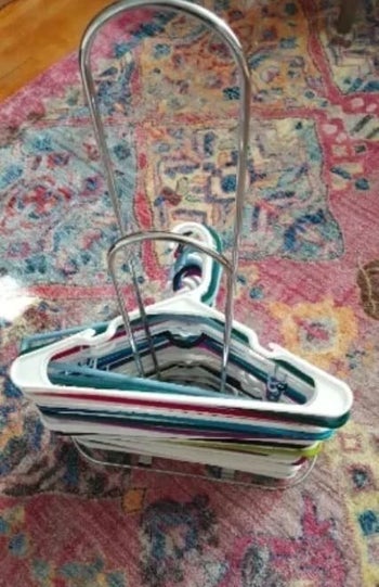 The same hangers, now clean and orderly on the stacker