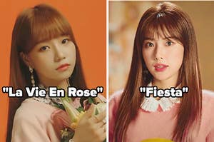Two images from IZONE's music videos from La Vie En Rose and Fiesta