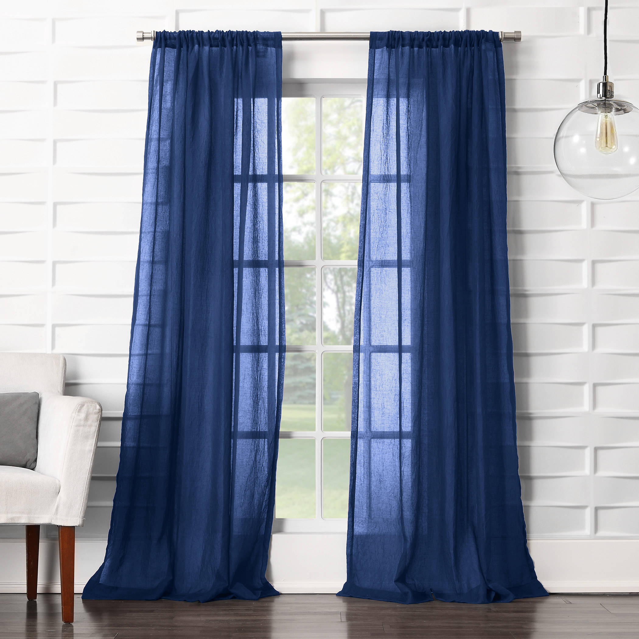the curtains in dark blue