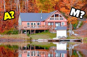 A cottage sits next to a lake. The letters A and M are overlaid on the image.