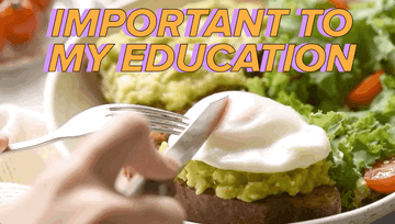 GIF of knife and fork cutting into a poached egg on smashed avocado with the caption &quot;Important to my education&quot;