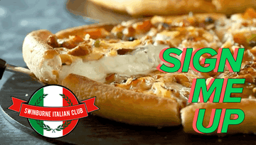 A piece of cheesy pizza being lifted off the plate with a &quot;Swinburne Italian club&quot; badge and the caption, &quot;Sign me up&quot;