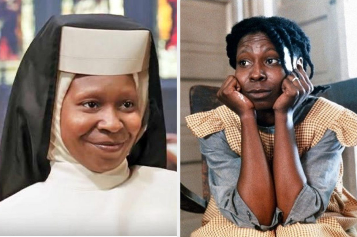 Woopi Goldberg in a nun&#x27;s habit for &quot;Sister Act&quot; next to an image of her in traditional American housewife attire for &quot;The Colour Purple&quot;