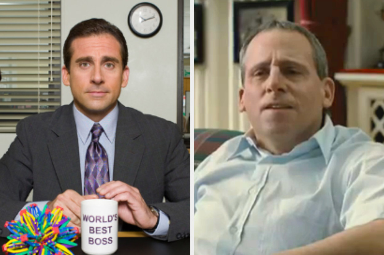 Steve Carell in a suit holding a &#x27;Wold&#x27;s Best Boss&#x27; mug for &quot;The Office&quot; next to an image of him looking older and less well-dressed for &quot;Foxcatcher&quot;