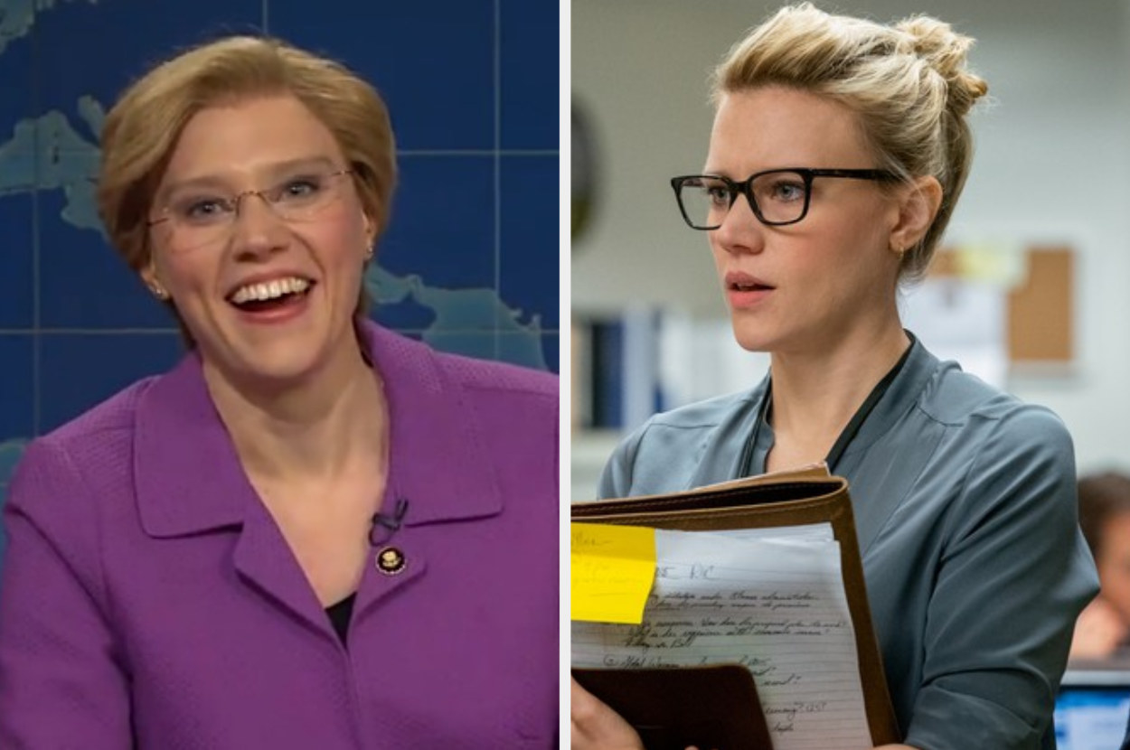 Kate McKinnon laughing while dressed as Hillary Clinton for &quot;Saturday Night Live&quot; next to an image of her as a journalist holding a clipboard for &quot;Bombshell&quot;