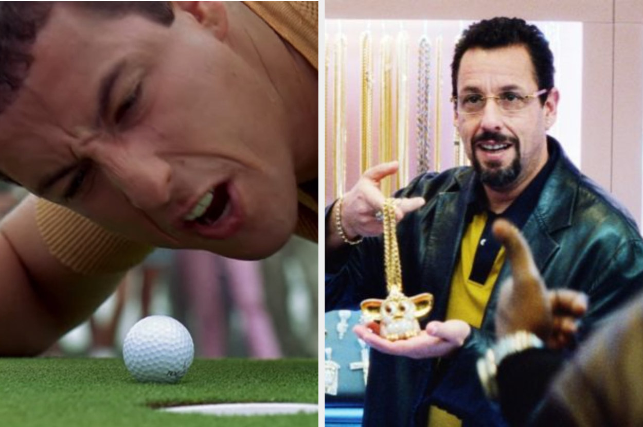 Adam Sandler squinting at a golf ball for &quot;Happy Gilmore&quot; next to an image of him handling an expensive piece of novelty jewellery in &quot;Uncut Gems&quot;