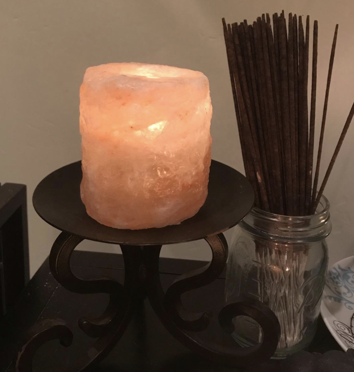 the pink holder with a tea light inside  