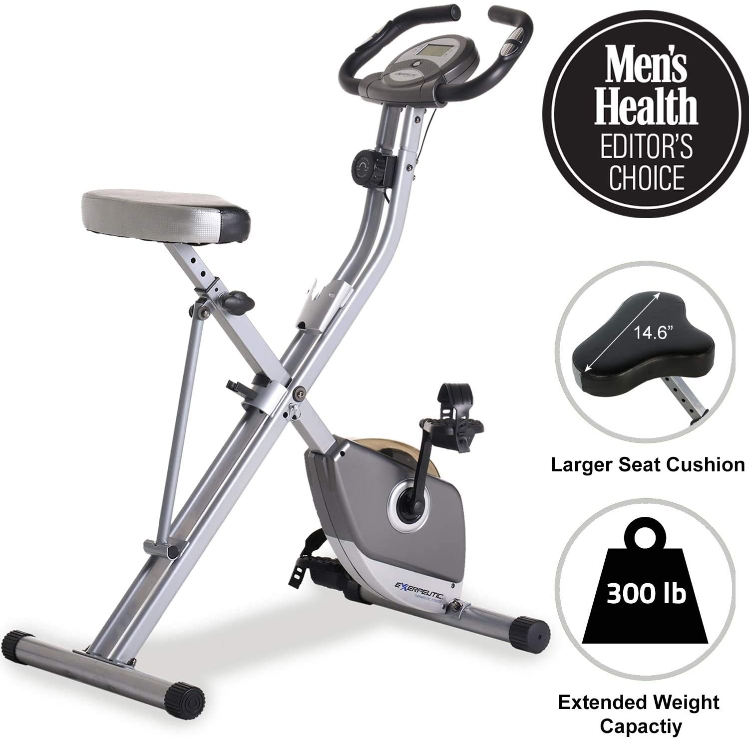 The silvery bike, with text &quot;Men&#x27;s Health editor&#x27;s choice&quot; larger seat cushion, 300 pound extended weight capacity