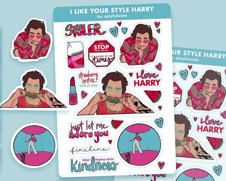 The sticker sheet, with several illustrations of Harry, including him eating watermelon, and illustrated lyrics like &quot;Strawberry lipstick state of mind&quot; and &quot;just stop your crying it&#x27;s a sign of the times&quot;